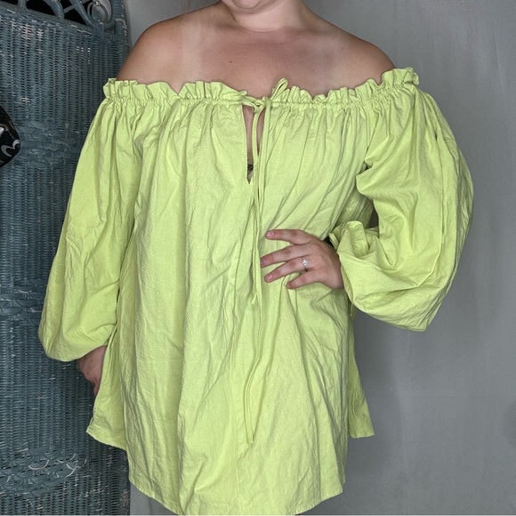 Nasty Gal Green Cotton Linen Texture Smock Off the Shoulder Dress - Picture 2 of 3